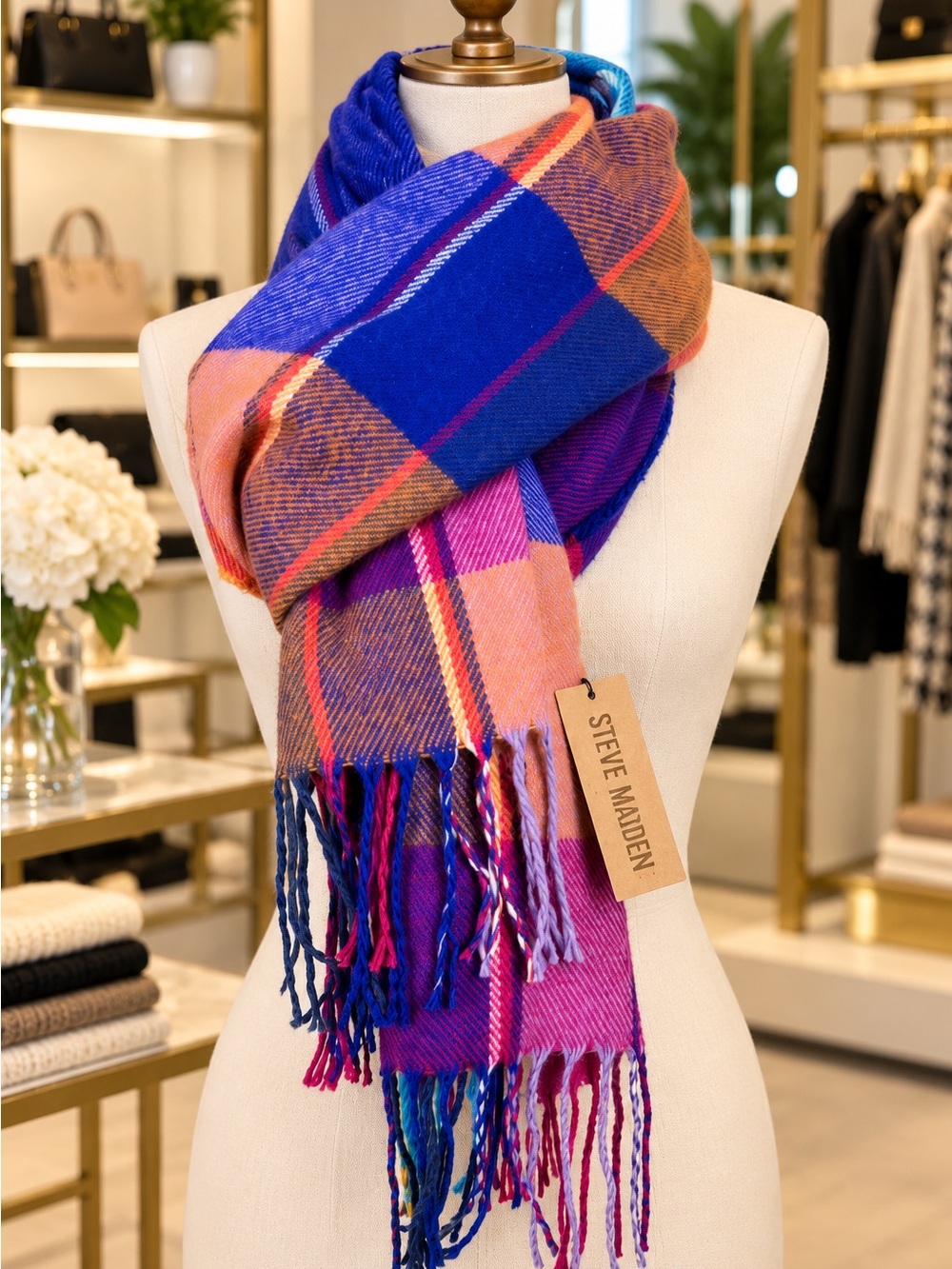 Steve Madden Multicolor Plaid Fringe Scarf - Pink & Blue  $38 Retail